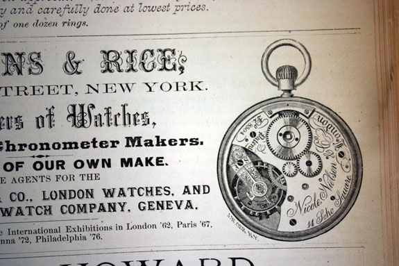 Watch illustration from ad for Bartens & Rice, Importers of Watches, Watch and Chronometer Makers