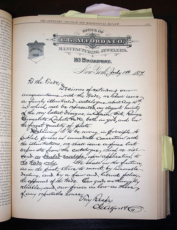 Full page Letter dated July 1, 1877 from the Office of C.G. Alford & Co