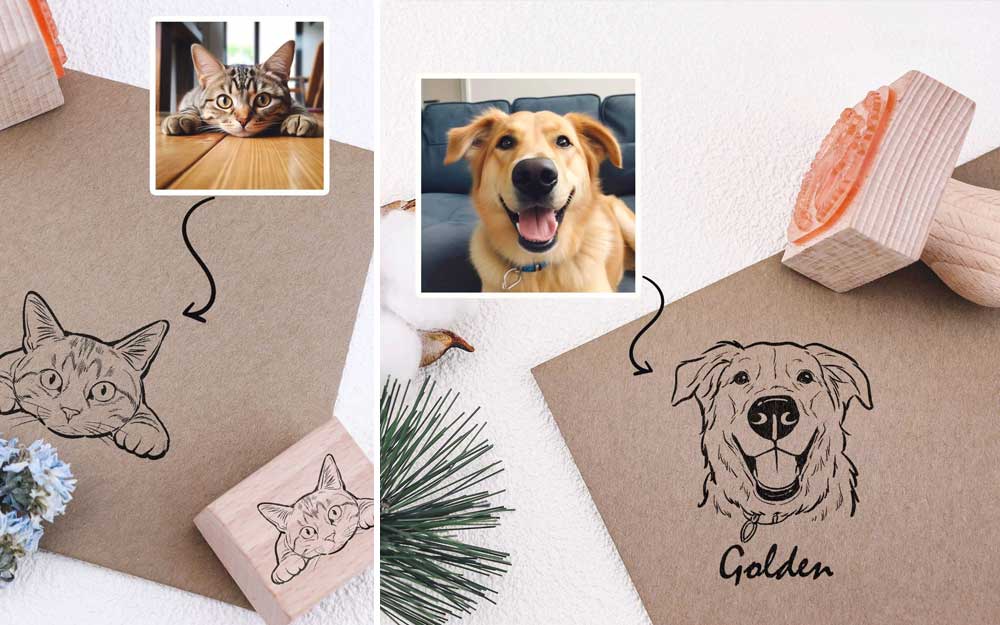 custom rubber stamp of dog and cat