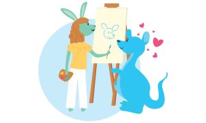 A rabbit and a kangaroo. The rabbit is painting a picture of the kangaroo 