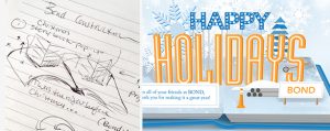 The sketch of a holiday card, next to the final product of the holiday card design 