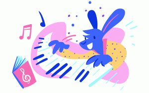 cartoon rabbit playing a piano