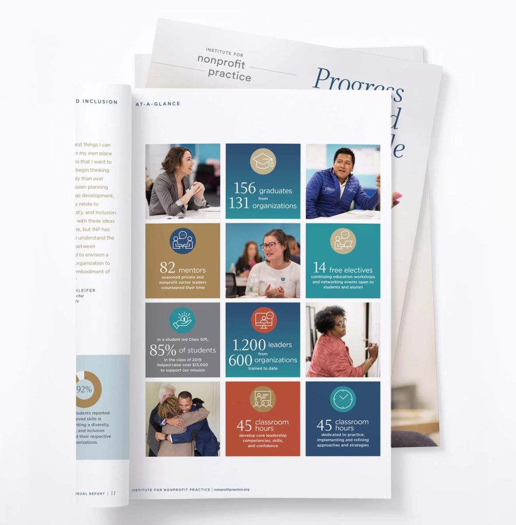 Institute for Nonprofit Practice - Brochure with color blocks and stats - marketing collateral