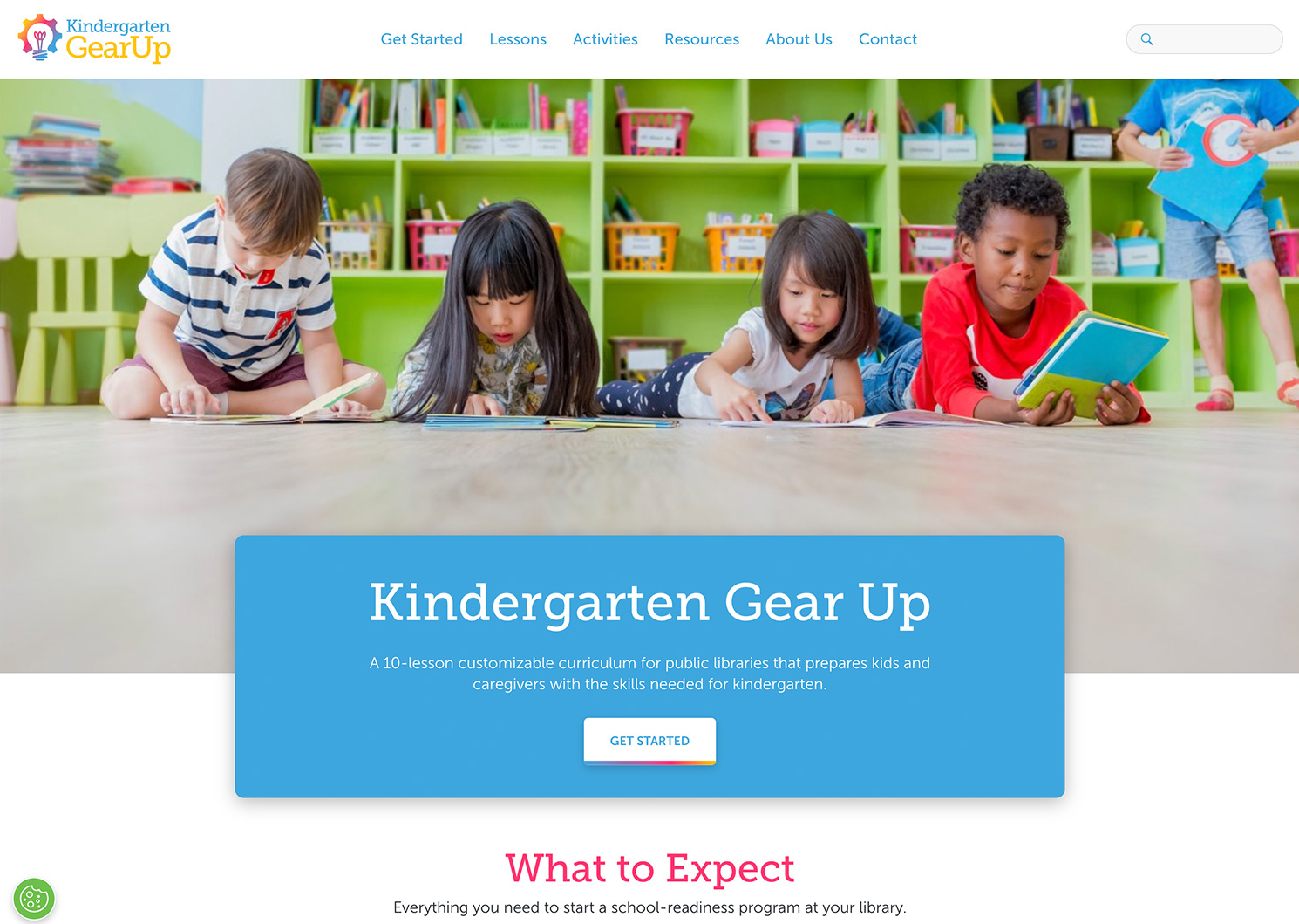 The homepage of the Kindergarten Gear Up website featuring a "get started" button