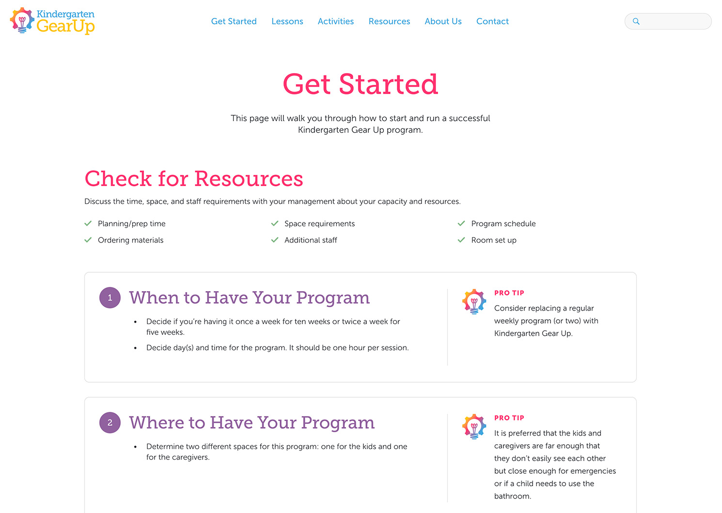 "Get Started" page on the Kindergarten Gear Up website