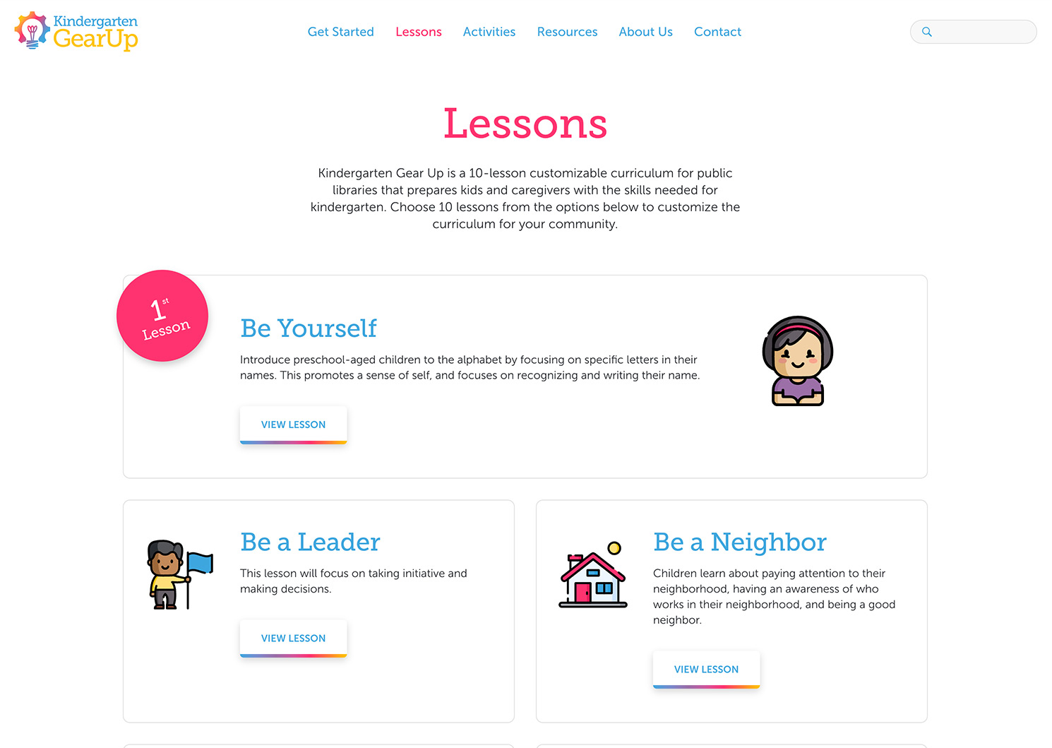 Lessons landing Page on the Kindergarten Gear Up website