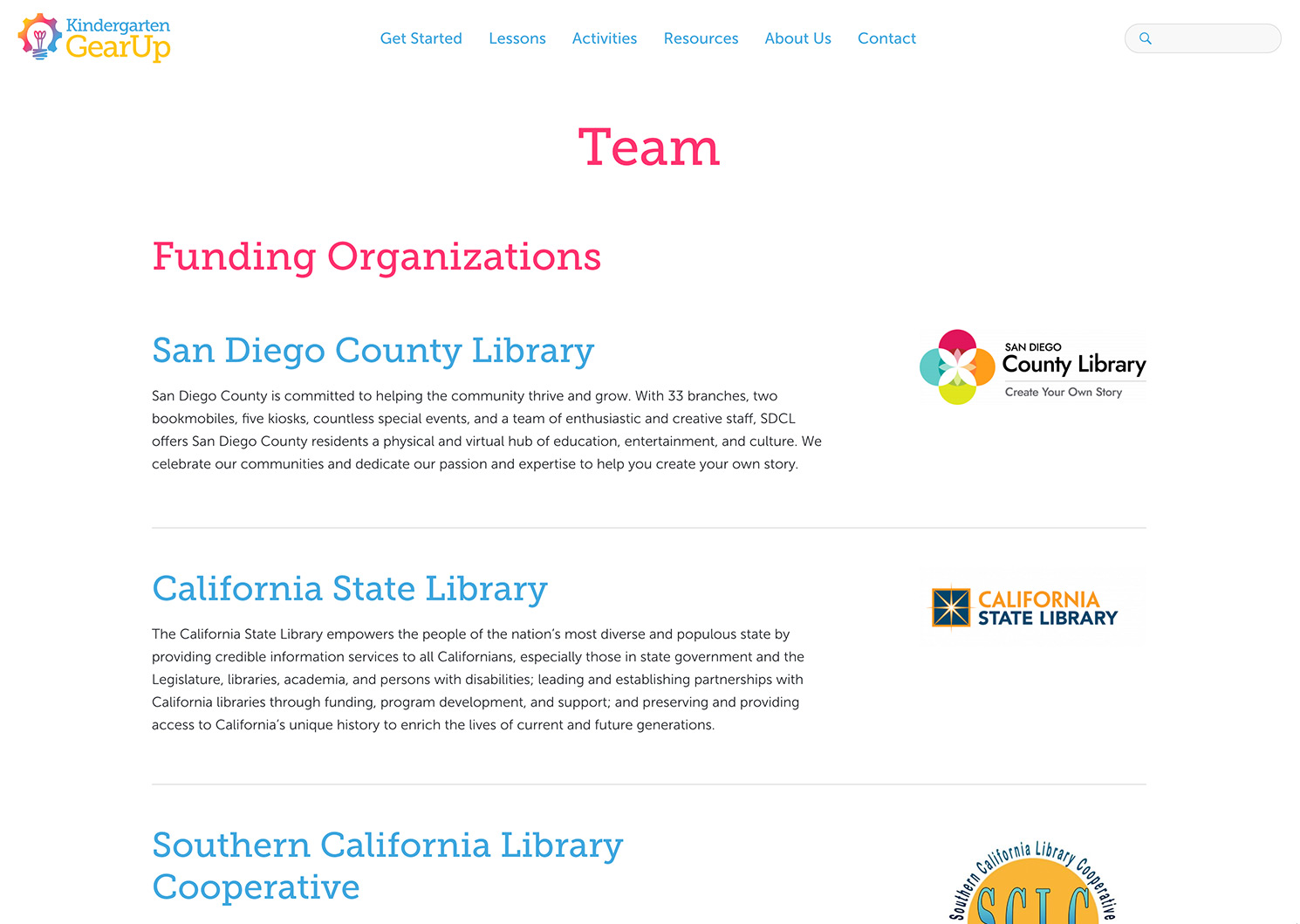 The "Team" page on the Kindergarten Gear Up website featuring a list of funding organizations
