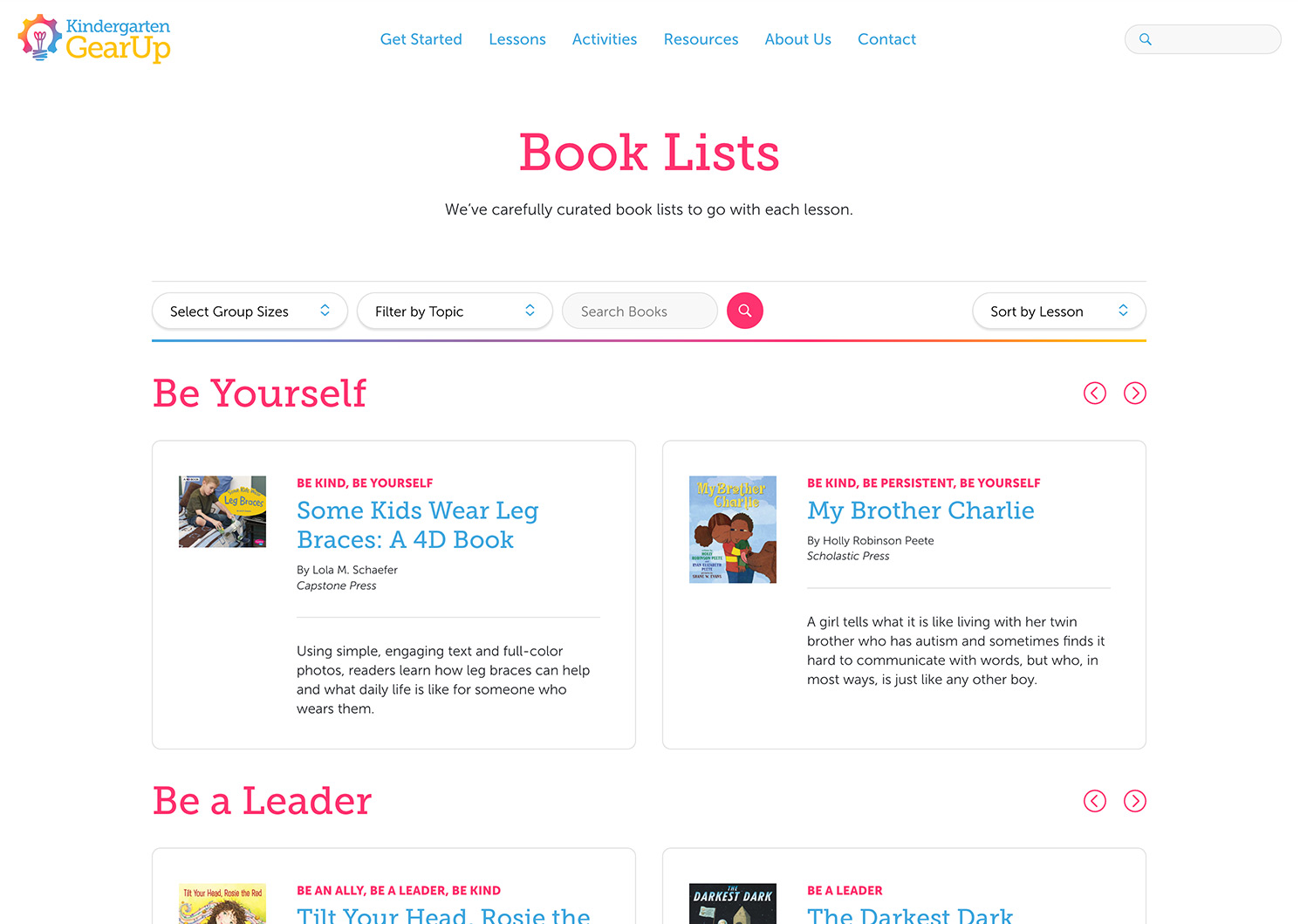 The "Book Lists" page on the Kindergarten Gear Up website