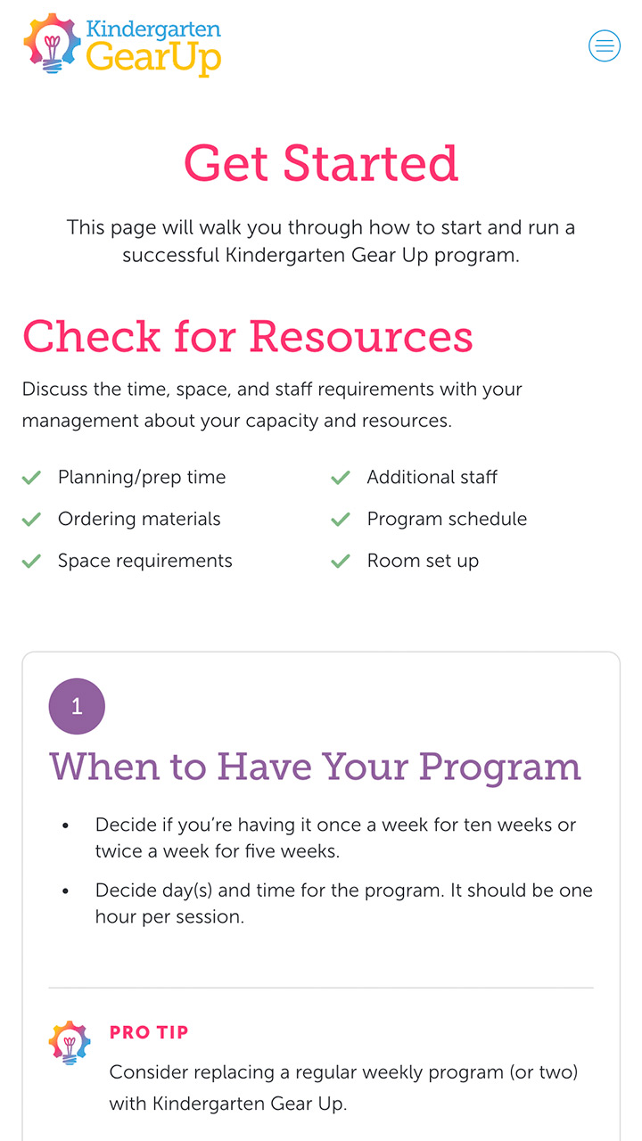 The "get started page" on the Kindergarten Gear Up website featuring a checklist of steps and resources to get started