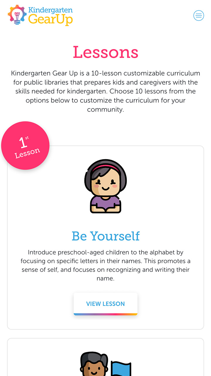 The "lessons" page on the Kindergarten Gear Up website
