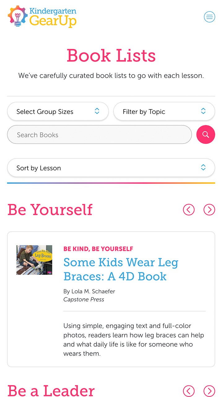 The "Book Lists" page on the Kindergarten Gear Up website