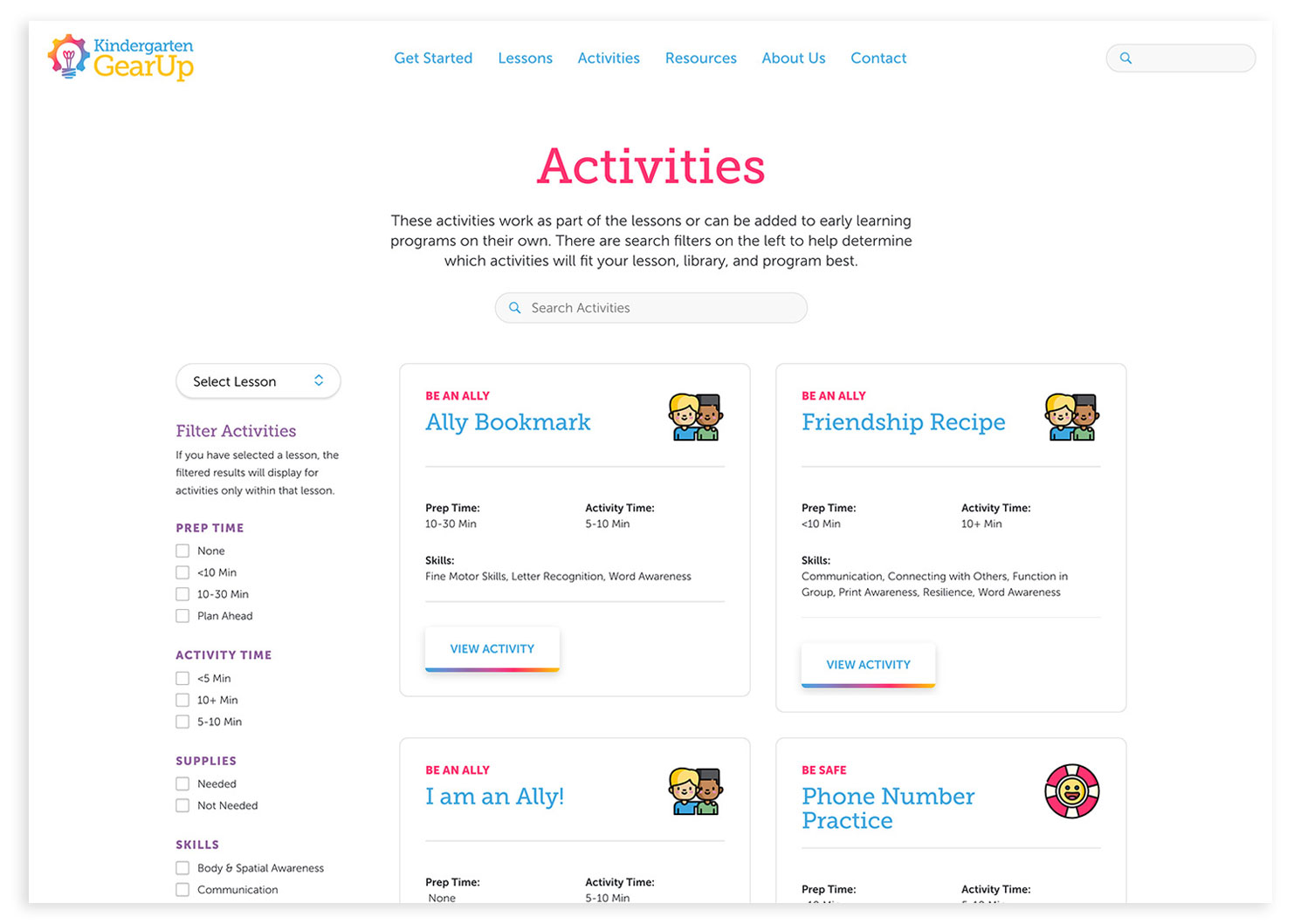 Activities page from the Kindergarten Gear Up website