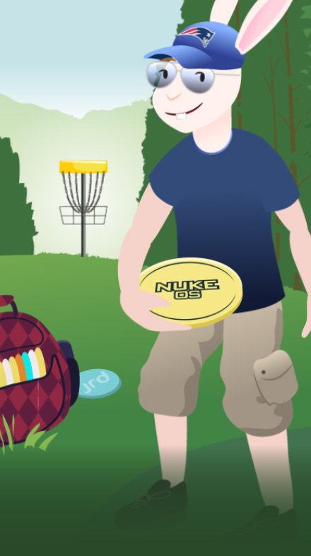 Cartoon jackrabbit representing team member Harrison Sabean playing disc golf on a grass field.